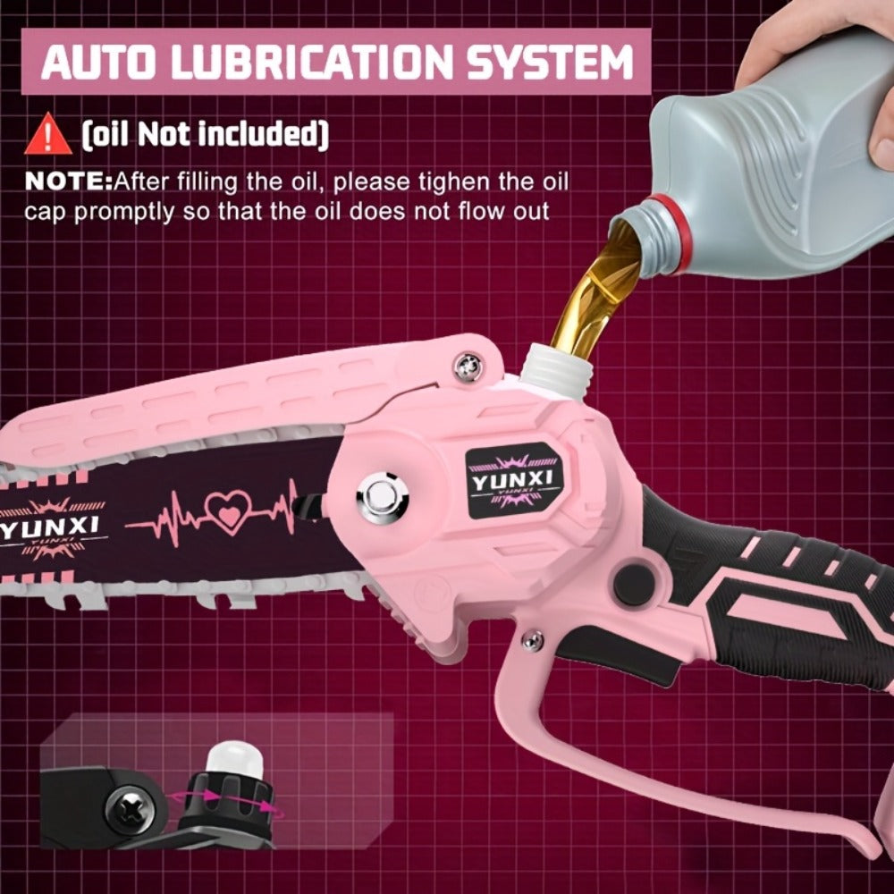 Mini Chainsaw 6 Inch 21V Cordless Battery Powered | Handheld Electric Chain Saw for Tree Branch Trimming Wood Cutting | Lightweight Portable Pruning Saw Pink