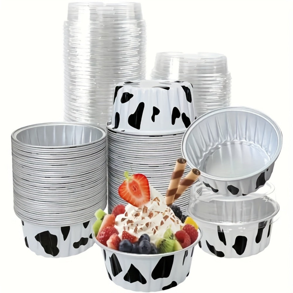Aluminum Foil Baking Cups with Lids, Disposable Cupcake Molds with Spoons, Oven Safe Foil Dessert Cups for Pudding Muffins Mousse, Party Baking Supplies for Weddings Birthdays, 30 or 50 Sets