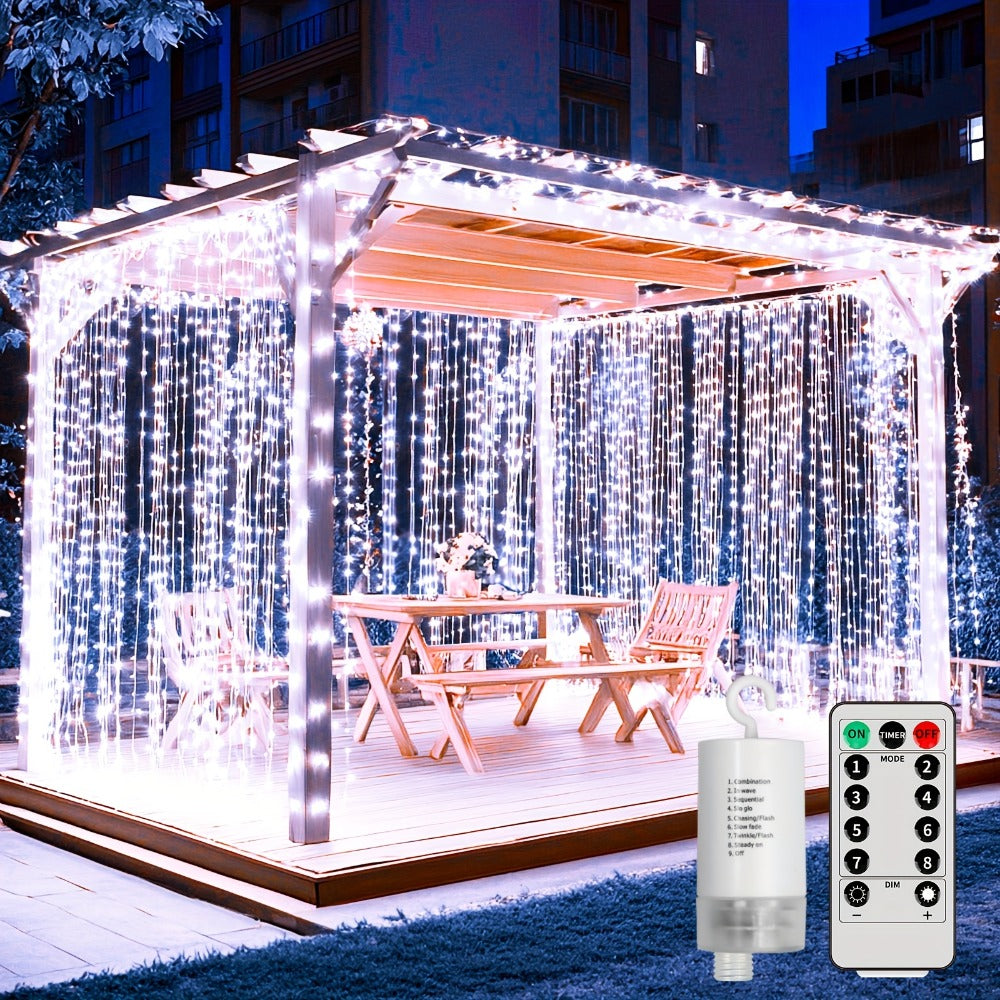 Curtain Lights for Gazebo Outdoor, 330 LED 10ft x 10ft Waterfall Fairy Lights Battery Operated with Remote, IP65 Waterproof Hanging String Lights with 8 Modes for Bedroom Porch Patio Wedding Decoration
