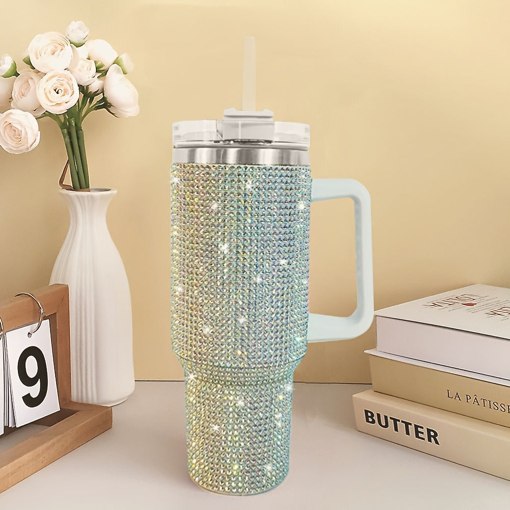 Bling Diamond Tumbler 40 Oz ¨C Studded Rhinestone Stainless Steel Insulated Travel Mug with Handle & Straw Lid ¨C Fits Car Cup Holders ¨C Glamorous Gift for Women ¨C Silver