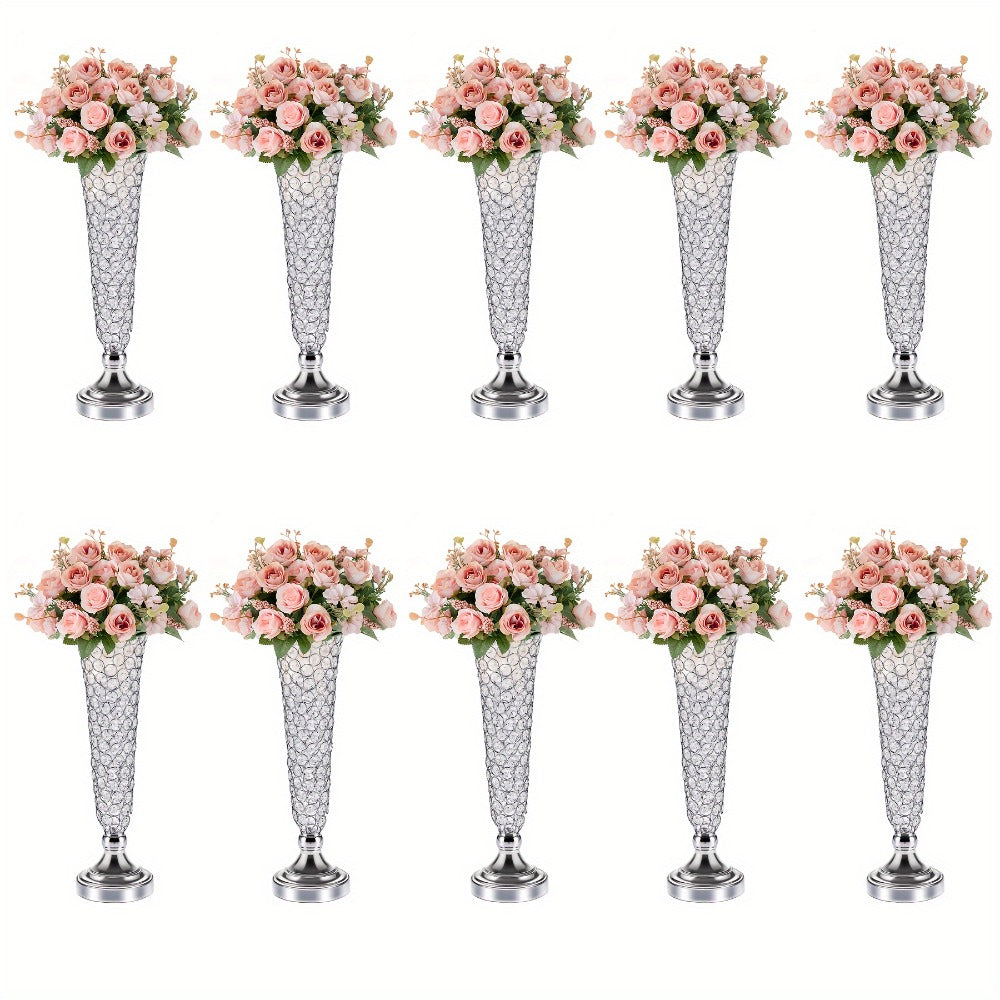 Crystal Trumpet Flower Vase Centerpieces for Wedding Table ¨C Bling Wrought Crystal Vases for Party, Anniversary, Birthday, Banquet & Home Decor, Gold & Silver, 2pcs or 10pcs Set
