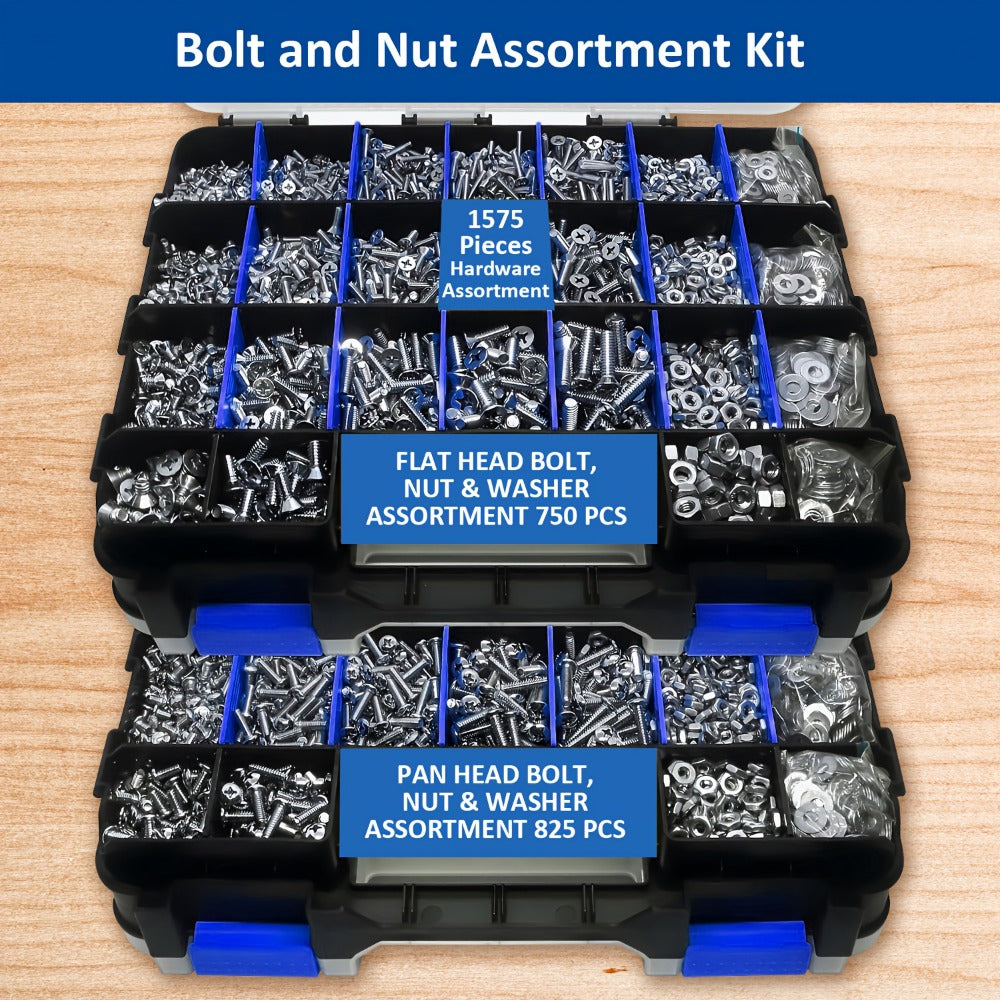 1575pcs 304 Stainless Steel Nuts and Bolts Assortment Kit ¨C Pan Head Flat Head Screws Nuts Washers with Double-Sided Storage Box for Home & Mechanical Repairs