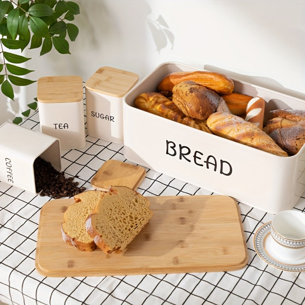 Bread Box with 3 Jars Set for Kitchen Countertop ¨C Metal Bread Box with Bamboo Board Cover, Coffee Sugar Tea Canisters, Large Capacity Farmhouse Food Storage Organizer