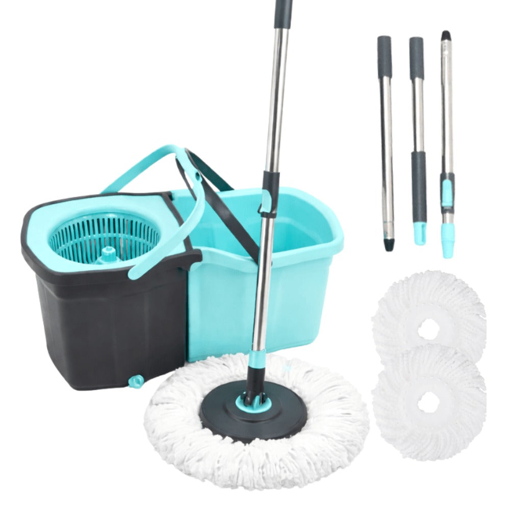 360 Spin Mop and Bucket Set with Wringer - Stainless Steel Extended Handle Spinning Mop Bucket System with Microfiber Mop Refills for Hardwood, Tile & Laminate Floor Cleaning, Black Blue Pink Red