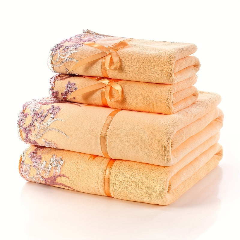 Lace Embroidery Towel Set 4-Piece 350GSM Soft Absorbent Bath and Hand Towels for Bathroom Elegant Decorative Towel Set