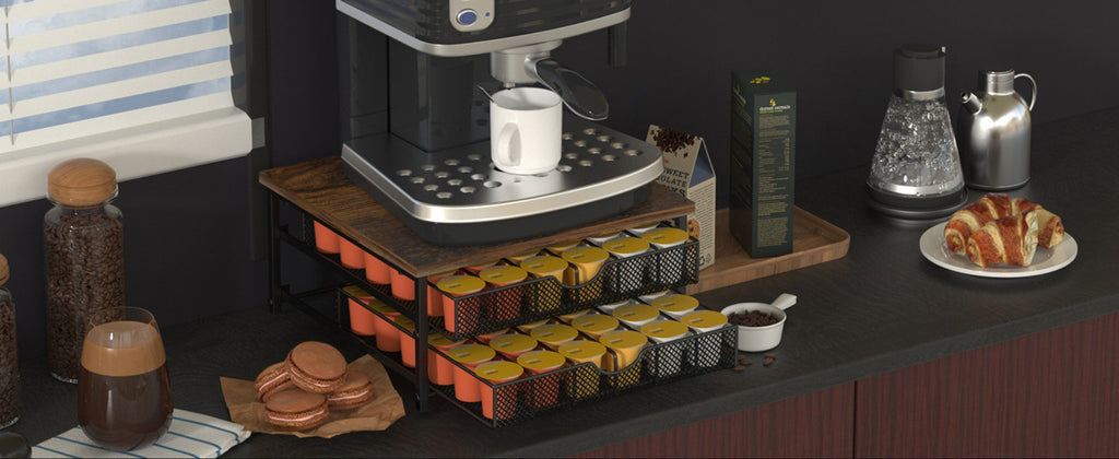 K-Cup Coffee Pod Holder 72 Capacity ¨C 2-Tier Sliding Drawer Coffee Pod Organizer with Wood Top & Metal Frame, Non-Slip Base, Stackable Countertop Storage for Home, Office & Cafe ¨C Silver