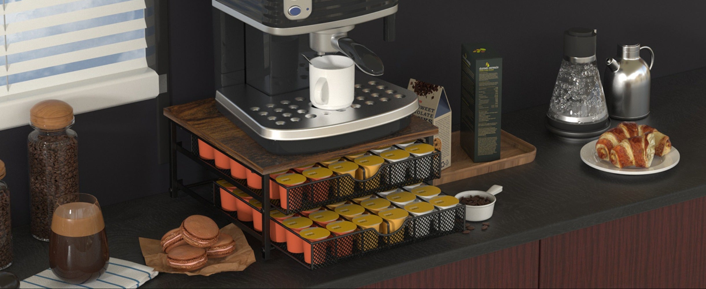 K-Cup Coffee Pod Holder 72 Capacity ¨C 2-Tier Sliding Drawer Coffee Pod Organizer with Wood Top & Metal Frame, Non-Slip Base, Stackable Countertop Storage for Home, Office & Cafe ¨C Silver