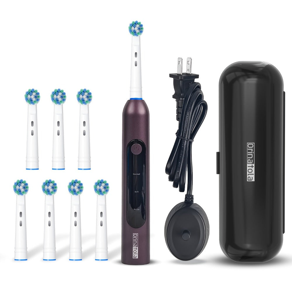 Rotating Electric Toothbrush with 8 Replacement Heads ¨C Wireless Induction Charging, 3 Cleaning Modes, IPX7 Waterproof, Oral Care Gift for Family, Friends & Parents ¨C Blue, Purple, Black
