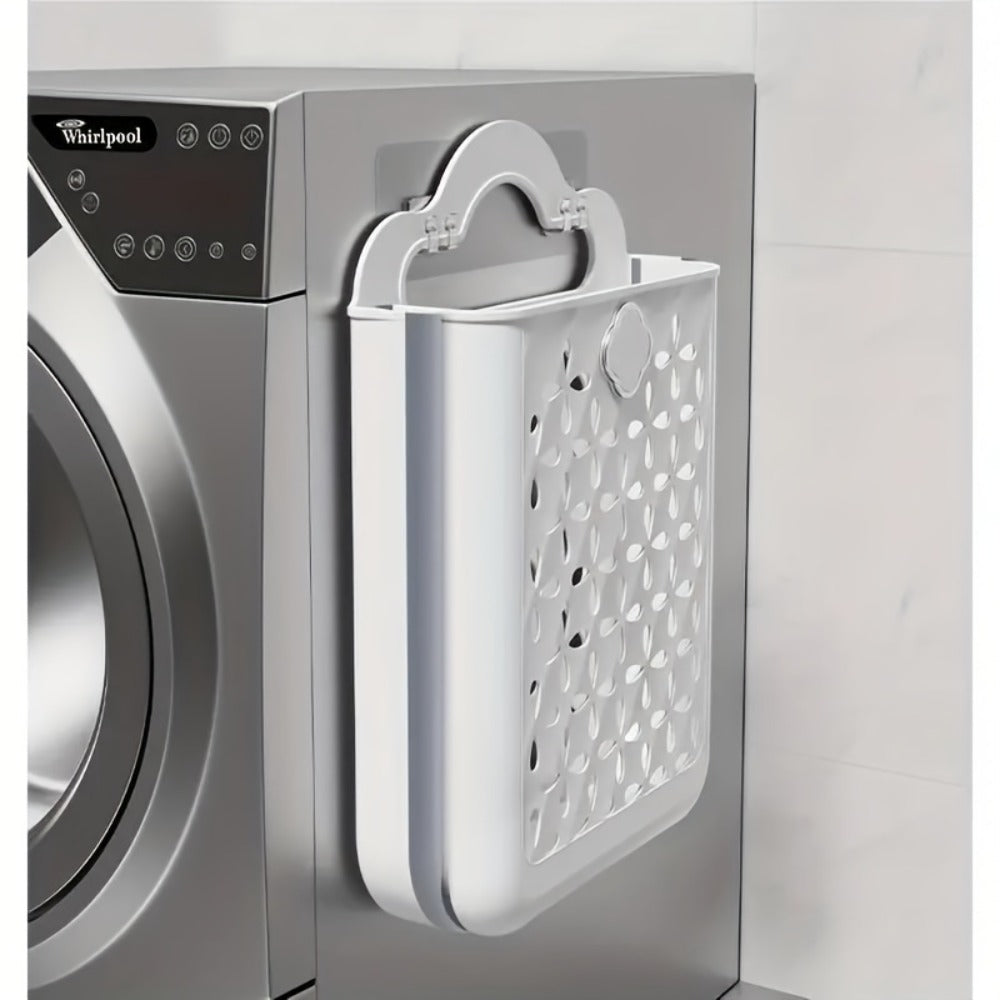 Foldable Laundry Basket Wall Mounted ¨C No-Drill Plastic Storage Bin with Cutout Design for Clothes, Toys, Snacks & Fruits ¨C Space-Saving Collapsible Organizer for Bathroom, Balcony & Bedroom