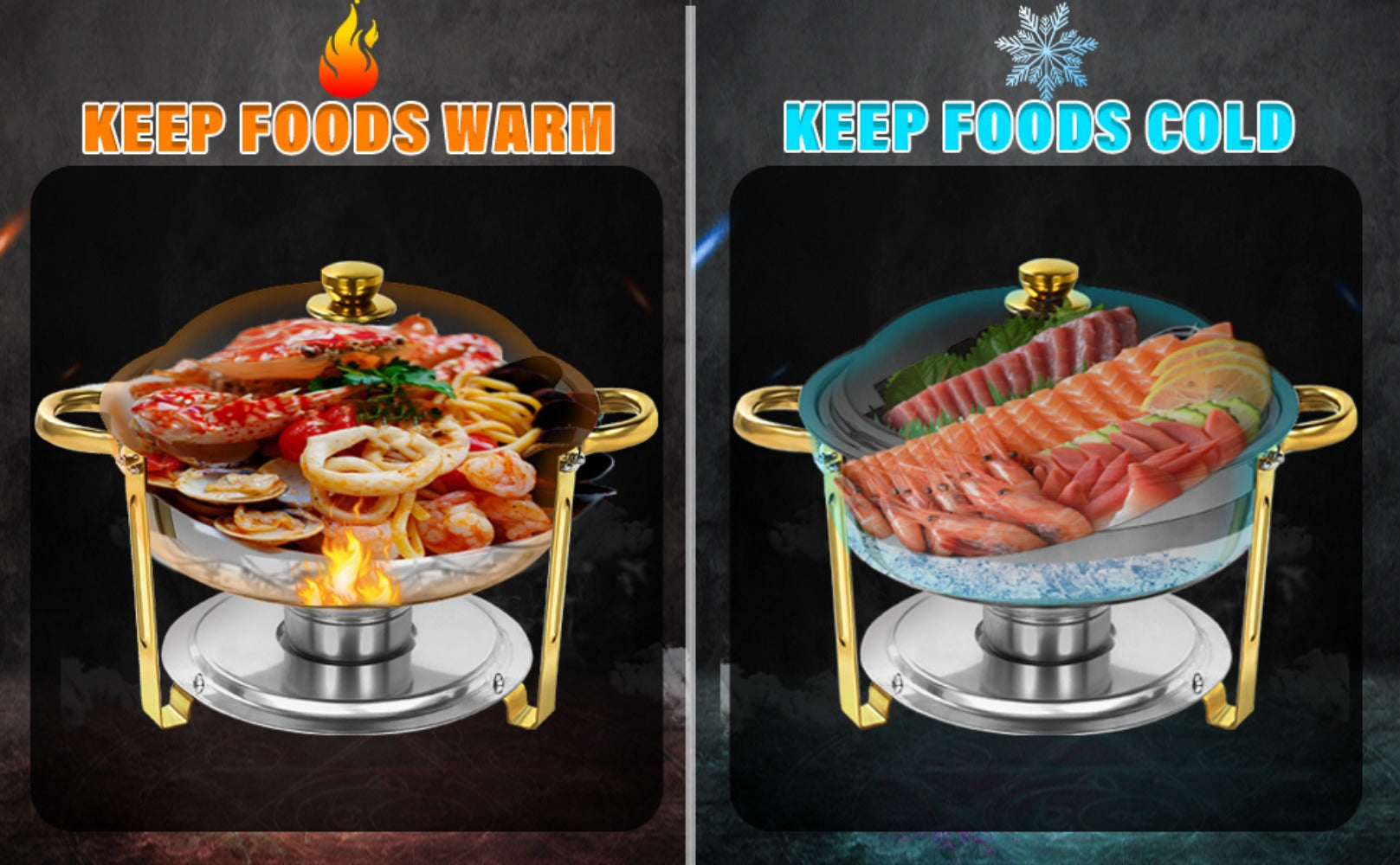 Golden Chafing Dish Buffet Set with Glass Lid 6QT Round Stainless Steel Food Warmer Chafer for Catering Party Dinners Weddings, Titanium Gold Finish, 2 & 4 Pack