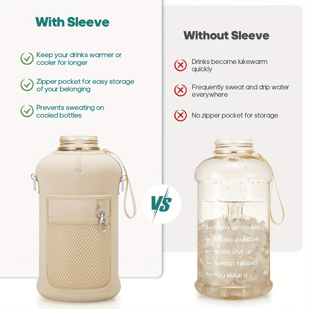 Half Gallon Water Bottle 74oz with Storage Sleeve & 2 Lids - Large Sports Water Jug for Gym, BPA-Free, Straw & Chug Lid, Time Marker, Shoulder Strap & Handle, Motivational Hydration Bottle