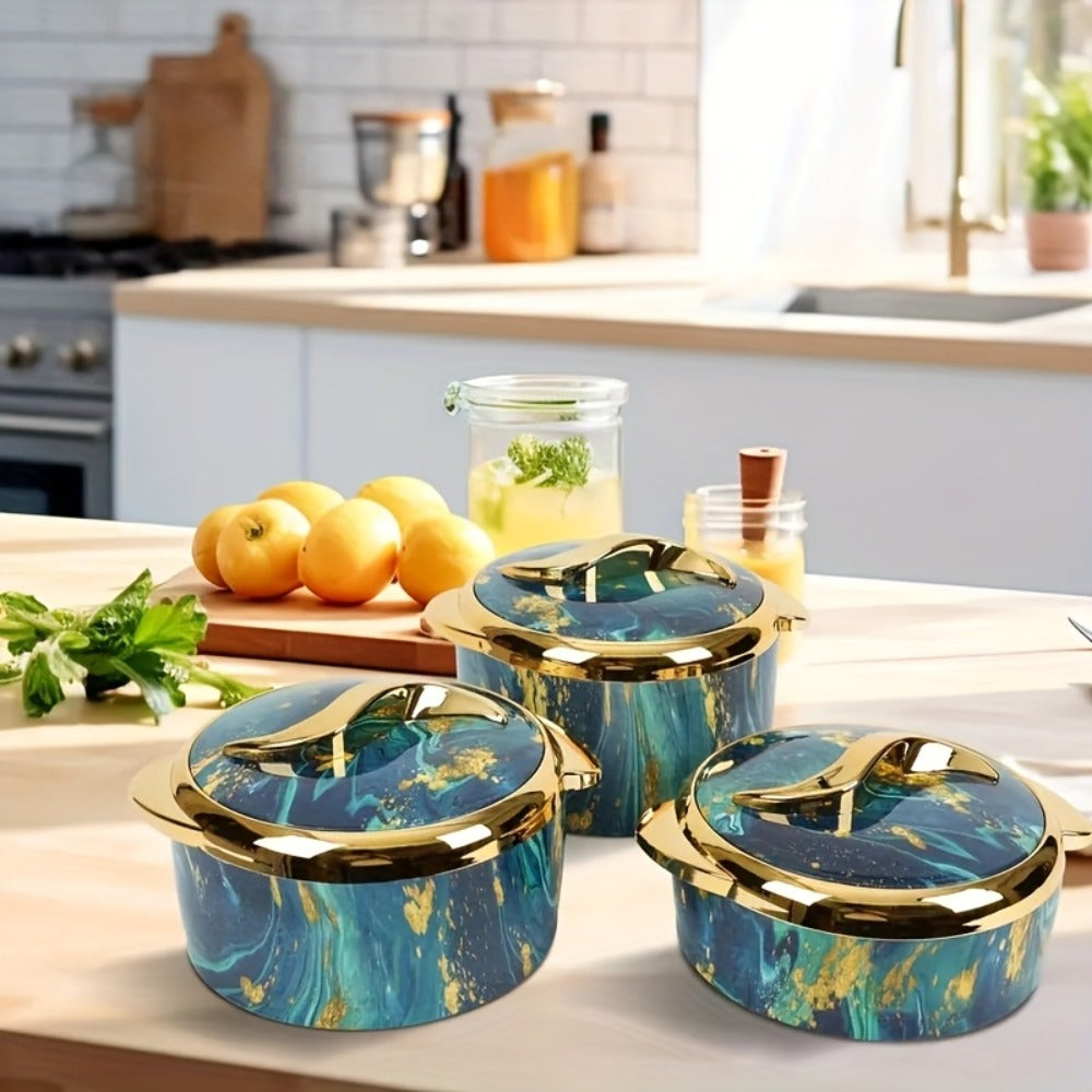 Insulated Casserole Dish Set 3-Piece Thermal Food Warmer with Lids, Stainless Steel Serving Bowls for Hot & Cold Food, Buffet Hotpot Tableware Set for Entertaining Dining Table