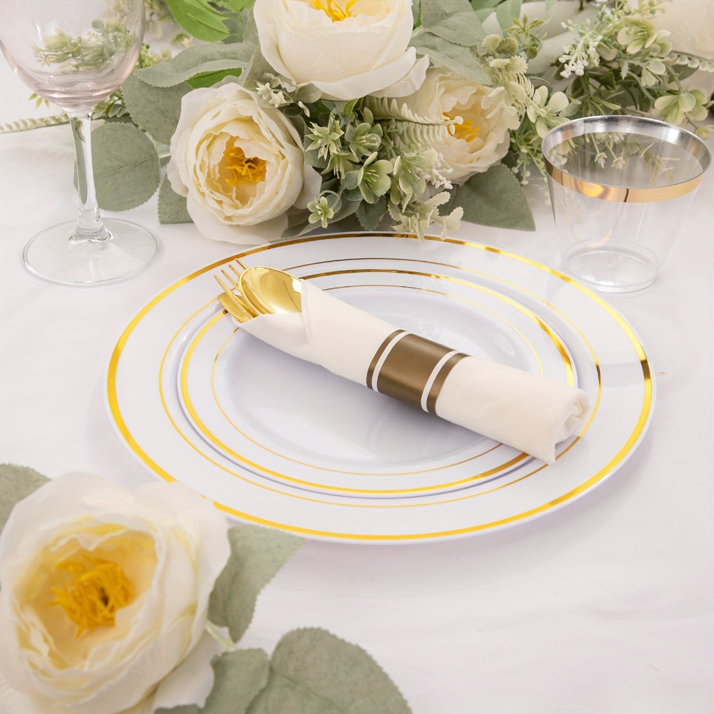 Gold Plastic Plates Disposable Dinnerware Set 350pcs ¨C 50 Dinner Plates, 50 Dessert Plates, 50 Gold Rim 9oz Cups & 50 Gold Cutlery Sets | Elegant Party Tableware for Wedding, Birthday & Holiday Events