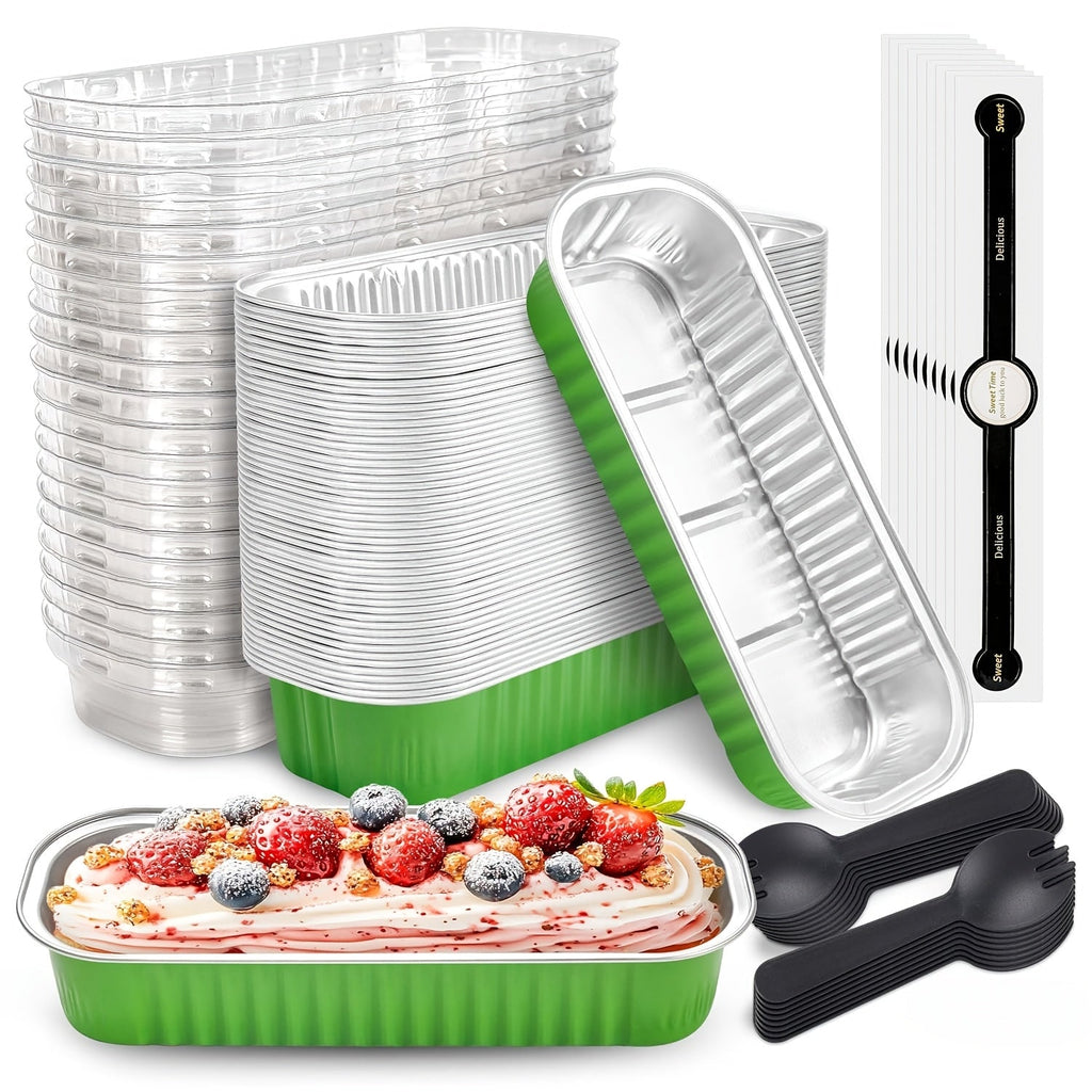 Mini Cake Pans 100 Pack with Lids and Spoons Aluminum Foil Rectangular Disposable Baking Pans 6.8oz for Cheesecake Desserts Gifts Party Catering 6 Colors