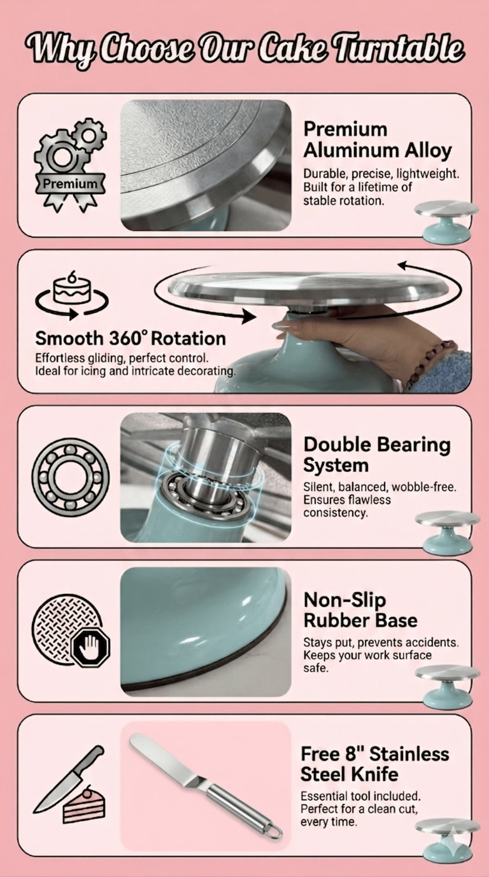 Cake Turntable Stand 10 Inch Aluminum 360 Degree Smooth Rotation with Frosting Spatula - Heavy Duty Rotating Cake Decorating Stand for Baking Birthday Wedding Holiday Desserts, Non-Slip Base Baking Supplies