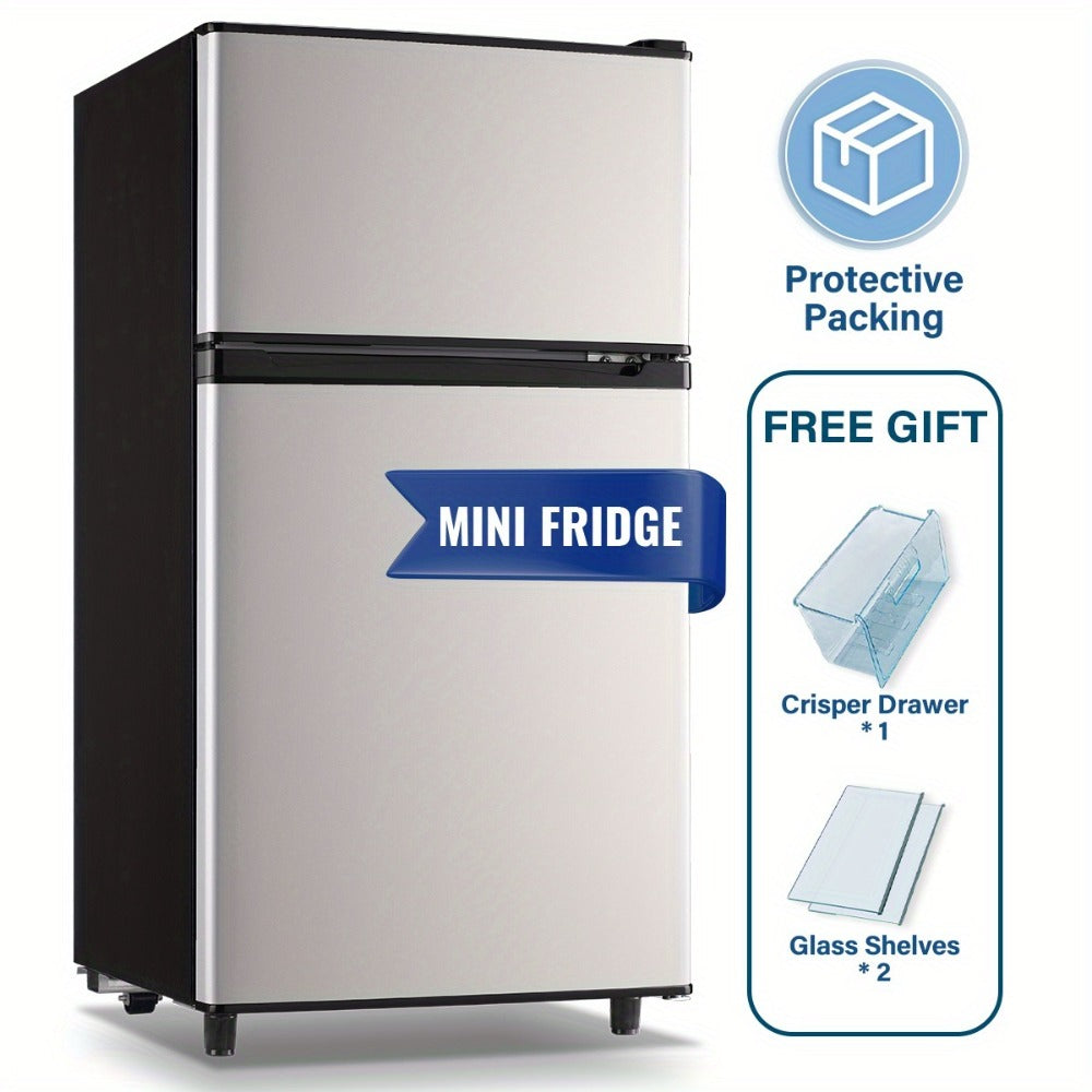 Small Fridge with Freezer, 2-Door Compact Refrigerator with 7-Level Adjustable Thermostat, Removable Shelves & Basket ¨C 2.5 or 3.5 Cu Ft Silver Mini Fridge for Dorm, Office, RV and Bedroom