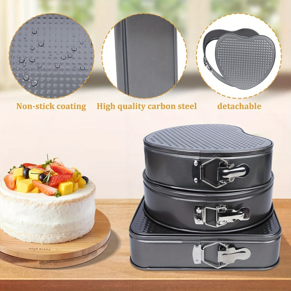 Springform Cake Pan Set 6pcs 7 8 9 10 11 Inch Heart Round Square Nonstick Leakproof Removable Bottom Carbon Steel Bakeware for Cheesecake Mousse Honeycomb Birthday Wedding Cake