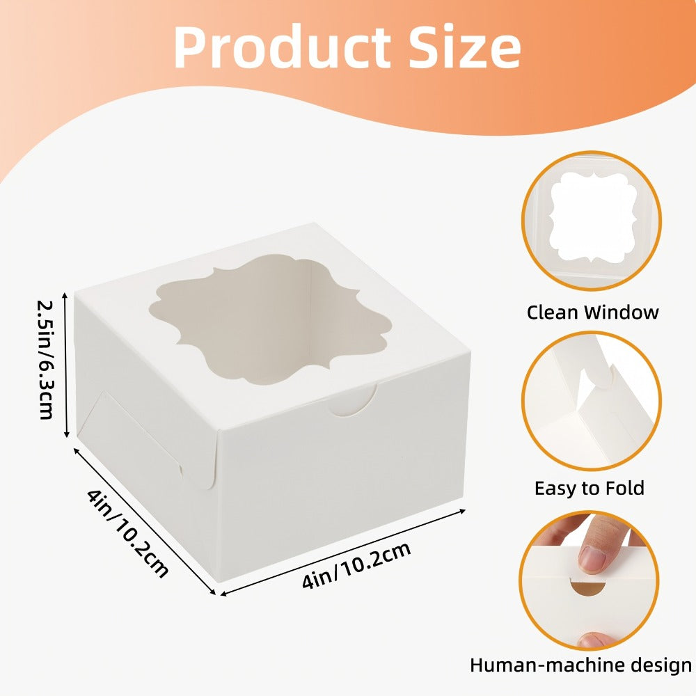 Treat Boxes 150pcs with Window | 4x4x2.5 Inch White Bakery Boxes | 3 Style Clear Window Gift Boxes for Dessert, Chocolate, Strawberries, Donuts, Cookies | Birthday Party, Wedding, Father's Day Packaging