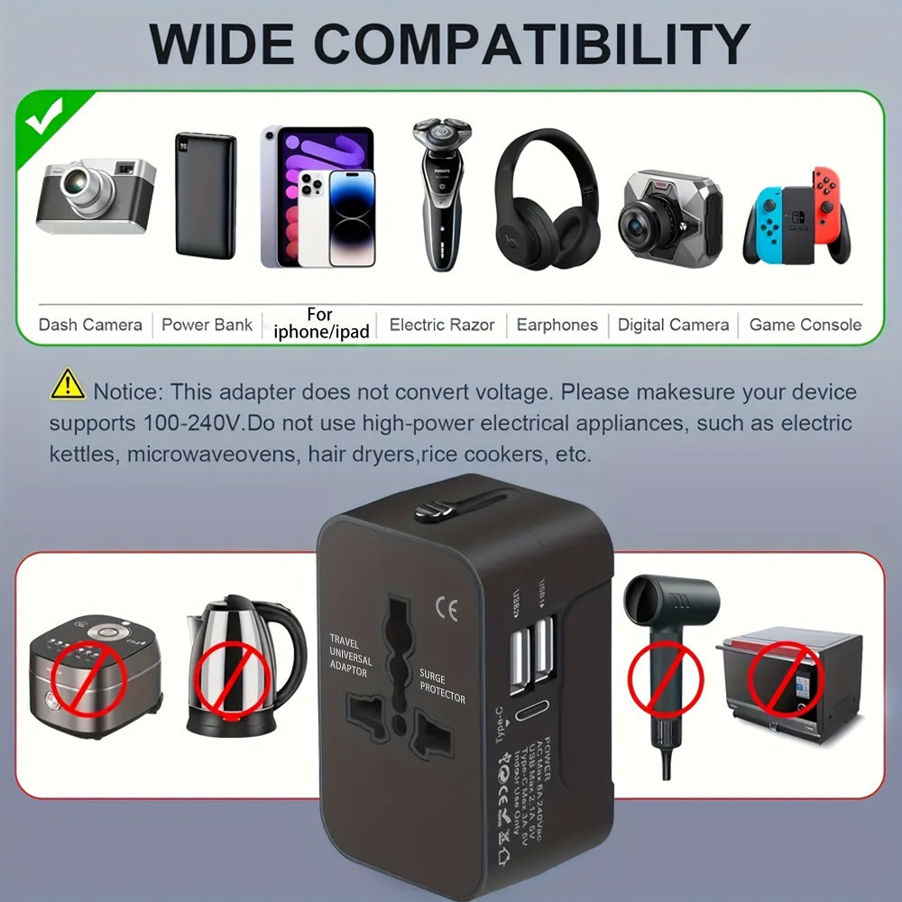 Universal Travel Adapter with Surge Protection - 2 USB & Type-C Ports, All-in-One International Plug for 350+ Countries, 100-240V Input, Fast Charging, Compact Lightweight Design, White & Black