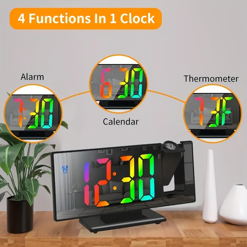 Digital Projection Alarm Clock LED Color Screen - 180¡ã Rotating Projector, Temperature Display, Adjustable Brightness, Night Mode, Snooze, USB Powered Bedroom Living Room Ceiling Clock Decor