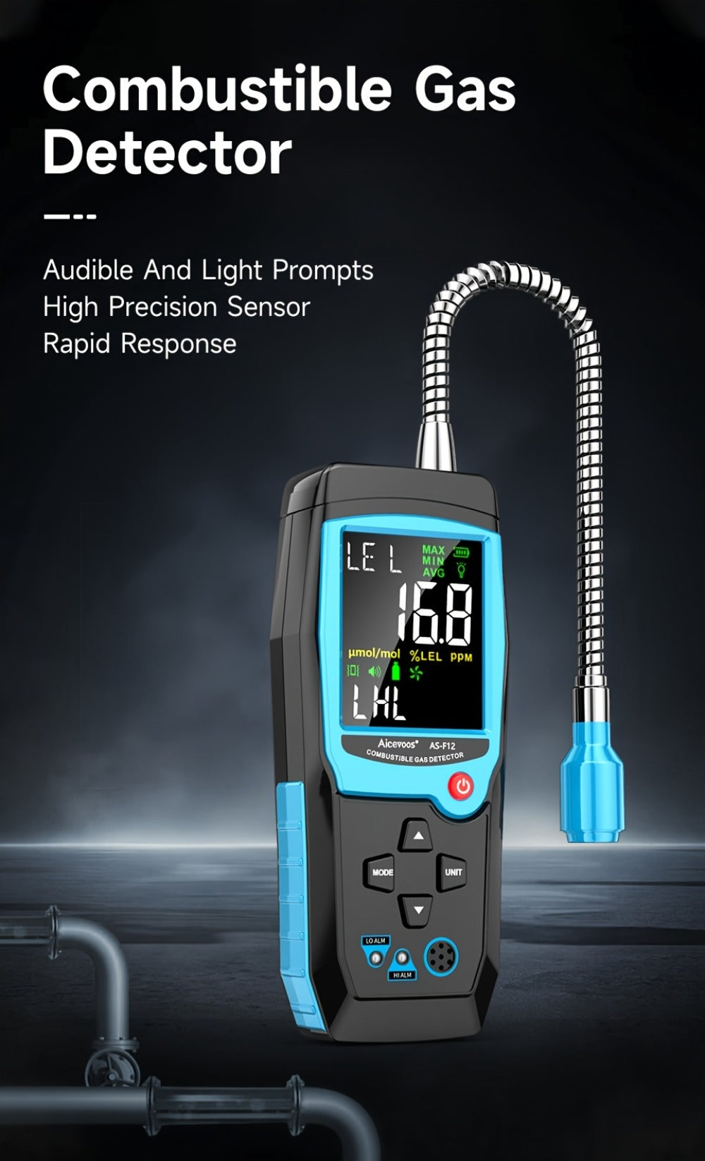 Gas Leak Detector Combustible Gas Detector Aicevoos AS-F12 Natural Gas Methane Tester Sound Light Alarm Electrochemical Sensor Home Industrial Safety