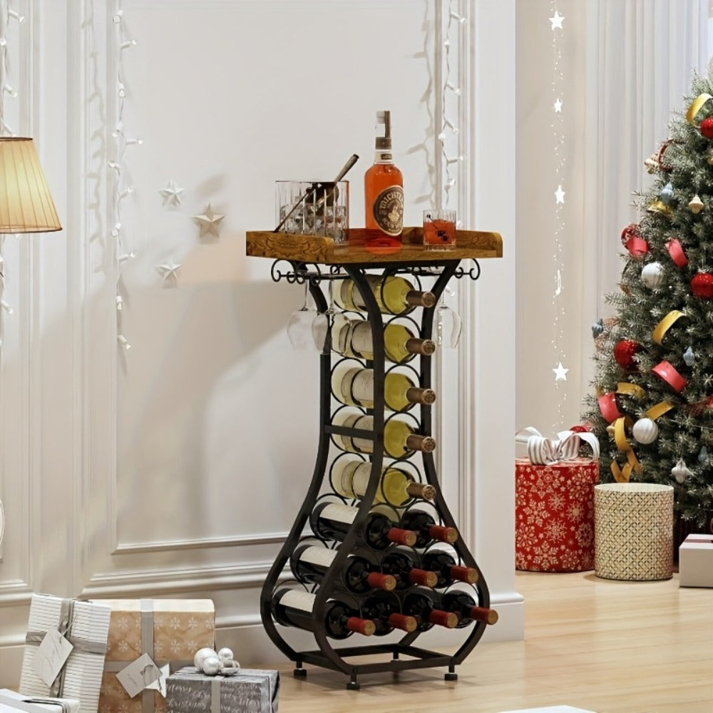 Freestanding Wine Rack Floor 14 Bottles Mini Bar Table Stand Liquor Cabinet with Glass Holder Wood Tabletop Wine Storage for Home Bar Kitchen Living Room Black