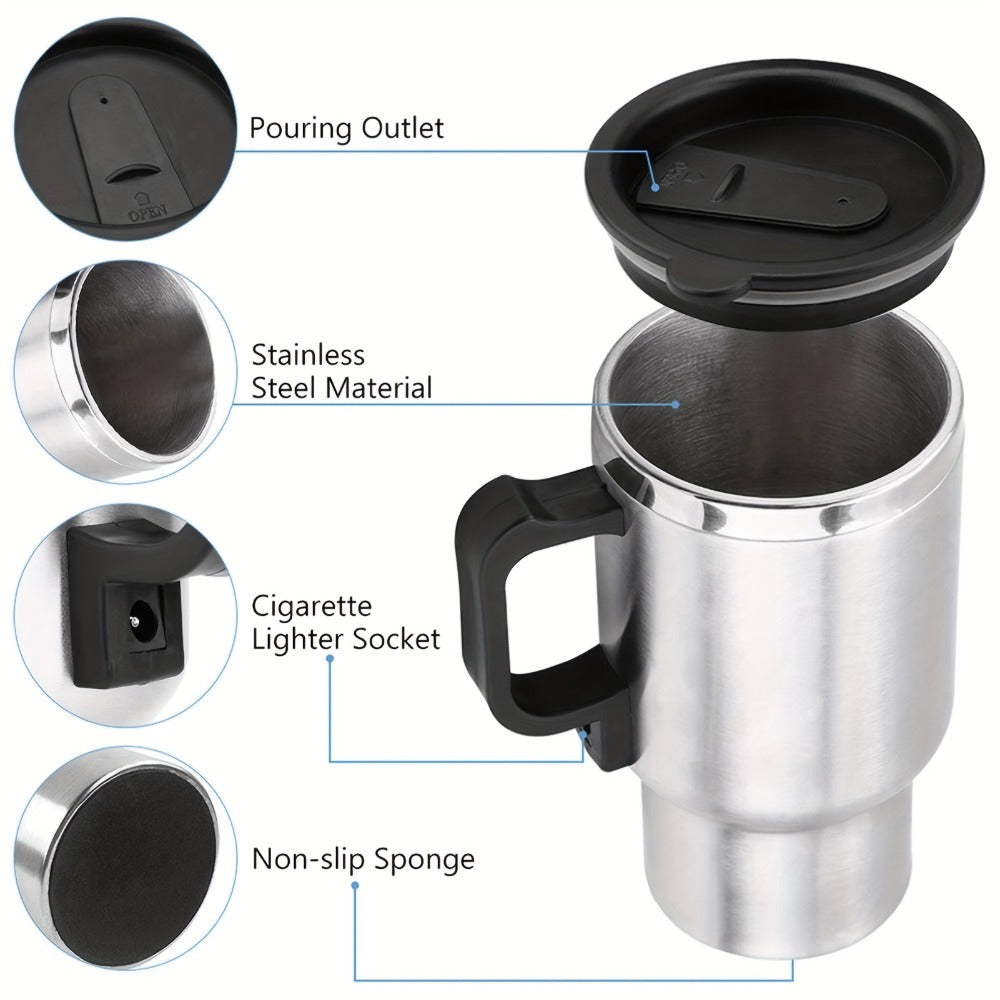 12V Car Electric Heating Travel Mug 450ml, Stainless Steel Car Electric Kettle with Cigarette Lighter Plug, 65¡ãC Keep Warm Coffee Mug Heater for Road Trip Camping