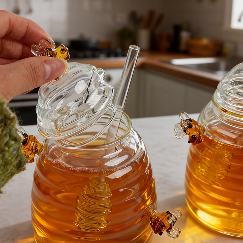 Glass Honeycomb Honey Jar with Lid and Stirrer | 480ml High Borosilicate Transparent Storage Container for Home Kitchen Wedding Party