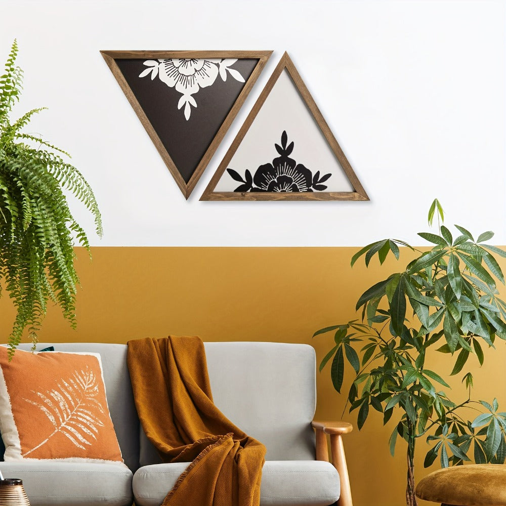 Boho Floral Wall Art Framed ¨C Wooden Botanical Wall Decor with Black & White Geometric Triangles, Vintage Boho Style for Bedroom, Bathroom & Living Room Home Decoration