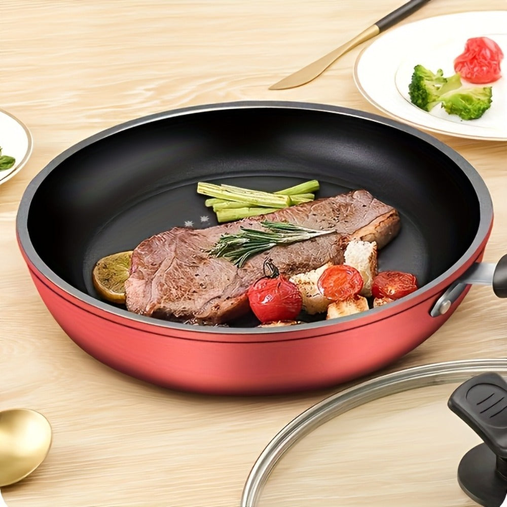 Cast Iron Frying Pan Non-Stick with Lid 9.45 Inch - Powder Coated Skillet Compatible with Induction Gas Electric Stove, Smoke-Reducing Healthy Cookware for Fried Eggs Steak Pancakes, Red Cast Iron Pan
