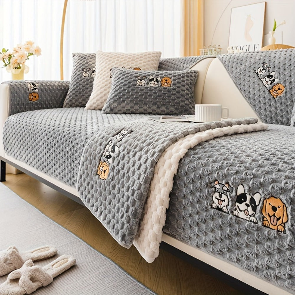 Velvet Sofa Slipcover Honeycomb Texture 1pc - Cute Dog Embroidery Bohemian Style Non-Slip Pet Friendly Machine Washable Polyester Couch Cover | Gray Khaki White | 2 3 4 Seat Living Room Home Decor
