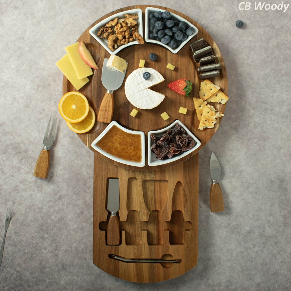Acacia Wood Charcuterie Board Set Circular Cheese Board with Drawer Knife Set & Ceramic Bowls | Premium Serving Platter Gift Set for Housewarming Bridal Shower Wedding Birthday Women 13x13 Inch