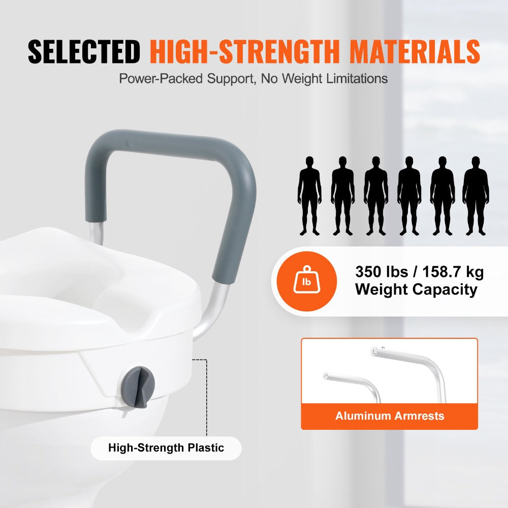 Raised Toilet Seat with Arms for Seniors & Elderly - 5 Inch Elevated Toilet Seat, 350 lbs Capacity, Twist Lock, Adjustable Armrests with Padding, Fits Round & Elongated Toilets