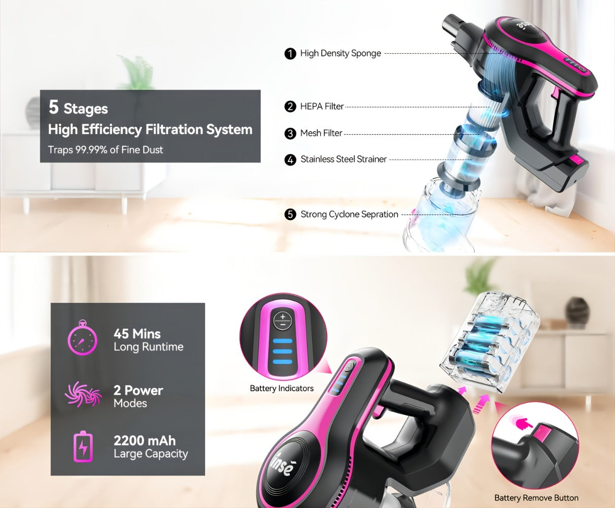 Cordless Vacuum Cleaner 2-in-1 Corded 70KPA Powerful Suction | 6-in-1 Handheld Vacuum with Detachable Battery 45-Min Runtime LED Brush Head 50.5oz Dust Cup | For Hardwood Floor Carpet Pet Hair Home Car