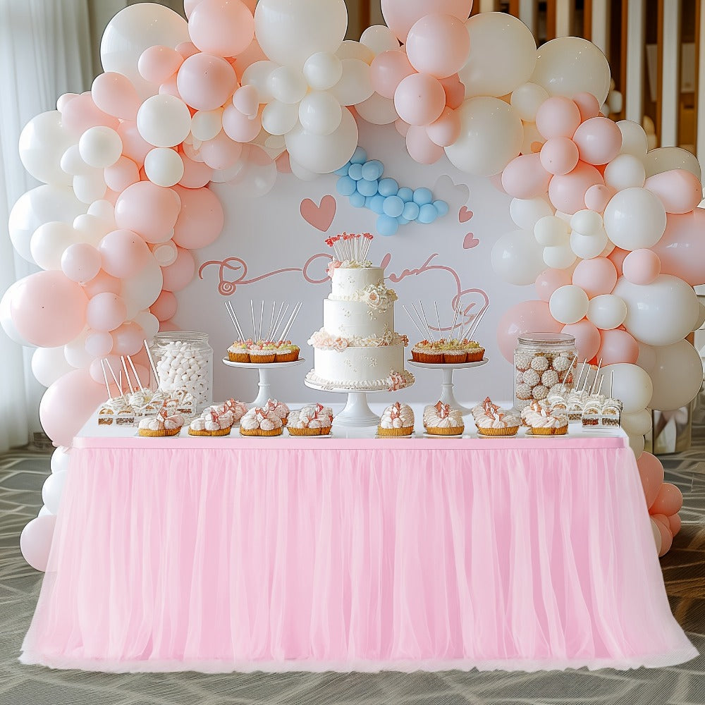 Pink Tutu Table Skirt 6ft ¨C Ruffle Tulle Table Skirt for Rectangle & Round Tables, Princess Girls Birthday Party, Cake Dessert Table Decor, Gold Brim, Multiple Colors Available