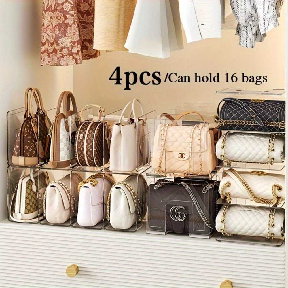 Purse Organizer for Closet 4-Pack ¨C Clear Plastic Bag Storage Divider Shelf, Handbag Holder for Wardrobe, Bedroom, Dormitory, Holds 8¨C16 Bags