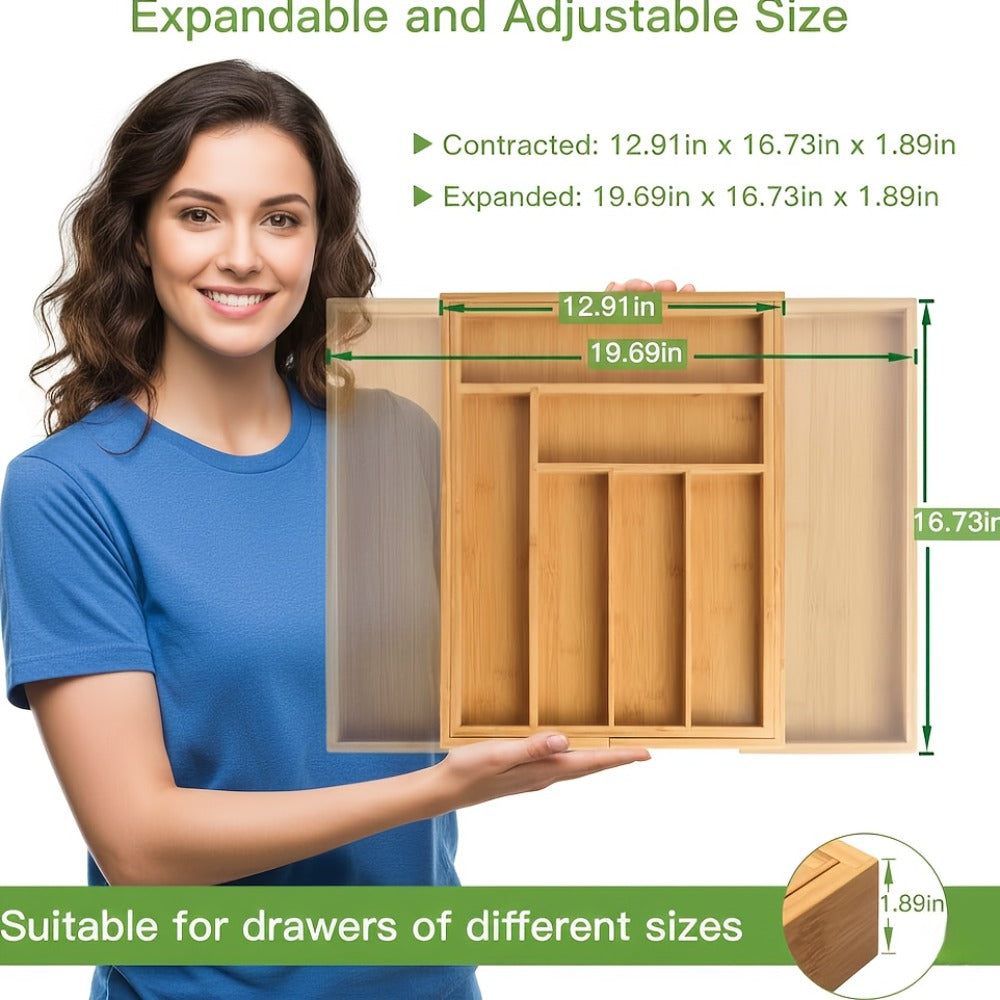 Bamboo Expandable Drawer Organizer Adjustable Cutlery Tray with 6-8 Compartments Wooden Drawer Divider for Kitchen Silverware Utensils Bedroom Office Living Room