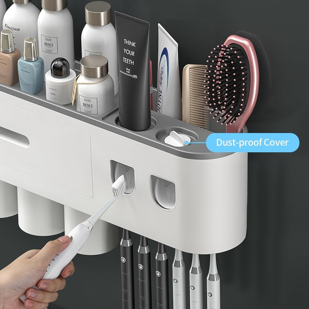 Wall Mounted Toothbrush Holder with Automatic Toothpaste Dispenser - 3 Cups Bathroom Organizer, Space-Saving Toothbrush Cup Holder for Family, Black & Gray