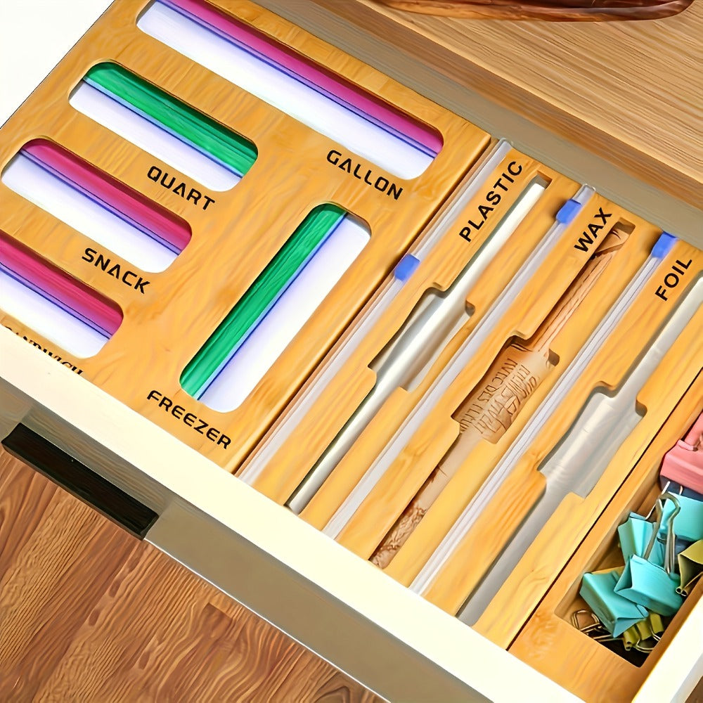 Bag Organizer Box 9-in-1 Kitchen Wrap & Foil Drawer Organizer, Compatible with Gallon Quart Sandwich Snack Bags, Easy to Use and Clean, Space-Saving Kitchen Storage Solution