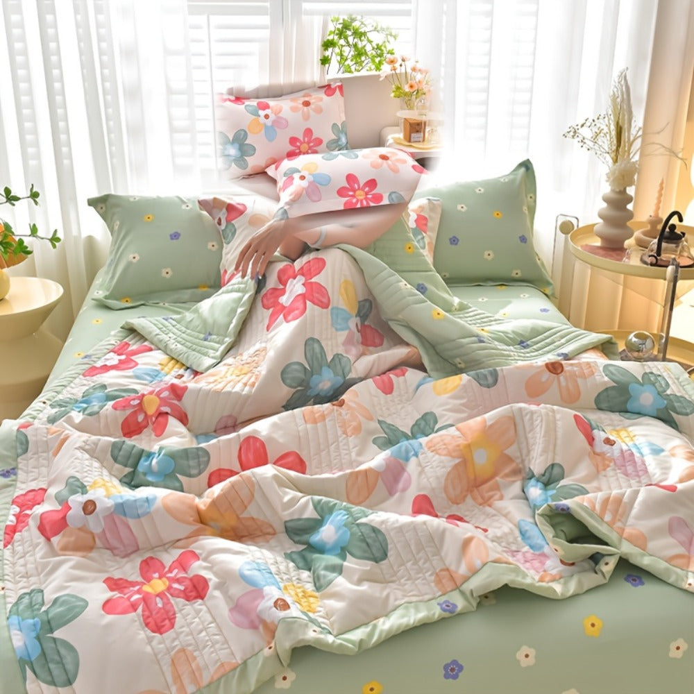 Quilt Set 3 Piece Summer Cooling ¨C Floral Printed Thin Comforter with 2 Pillowcases, Soft Skin-Friendly Bedding for Twin Full Queen King, All Season Lightweight Blanket for Bedroom Hotel Guest Room