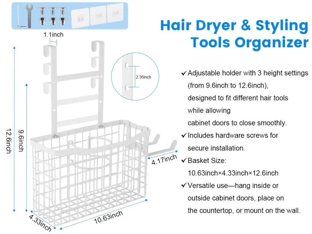 Hair Tool Organizer Wall Mounted Holder for Hair Dryer Curling Iron Straightener 3 Adjustable Heights Bathroom Storage
