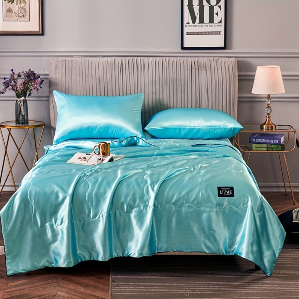 Cooling Satin Quilt Summer Comforter Ultra-Soft Breathable Lightweight Blanket, Machine Washable Satin Weave Bedspread for Home Dorm Hotel, Twin Full Size, White Silvery Grey Pink Lake Blue