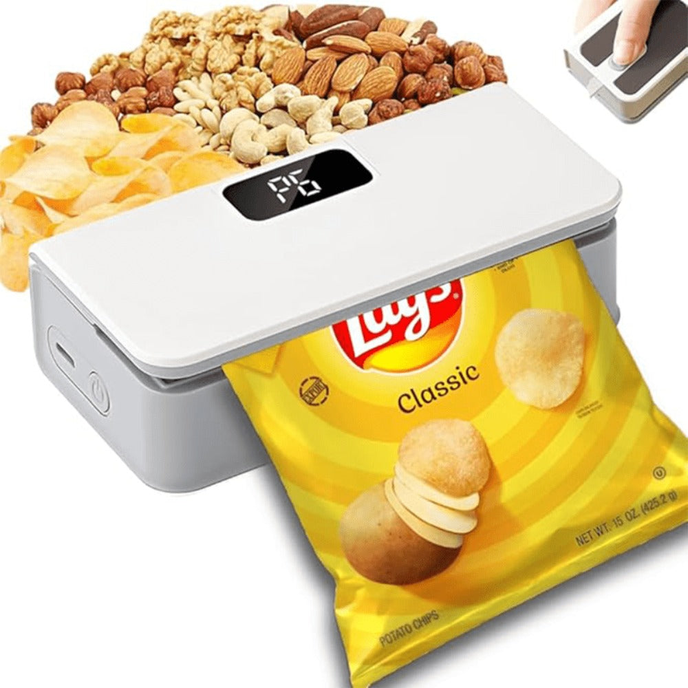 Portable Mini Bag Sealer USB Rechargeable ¨C Handheld Food Sealer with Built-In Cutter for Fruits, Vegetables, Snacks & Chips ¨C Compact Kitchen & Outdoor Picnic Sealing Tool, White & Blue
