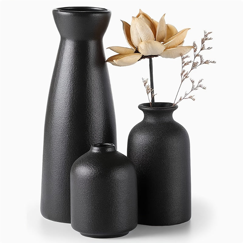 Boho Ceramic Vase Set 3pcs - Matte Nordic Minimalist Geometric Floral Design for Home Decor, Living Room, Entryway, Bookshelf & Bathroom Vanity, Modern Bohemian Decorative Vases, Holiday Gift
