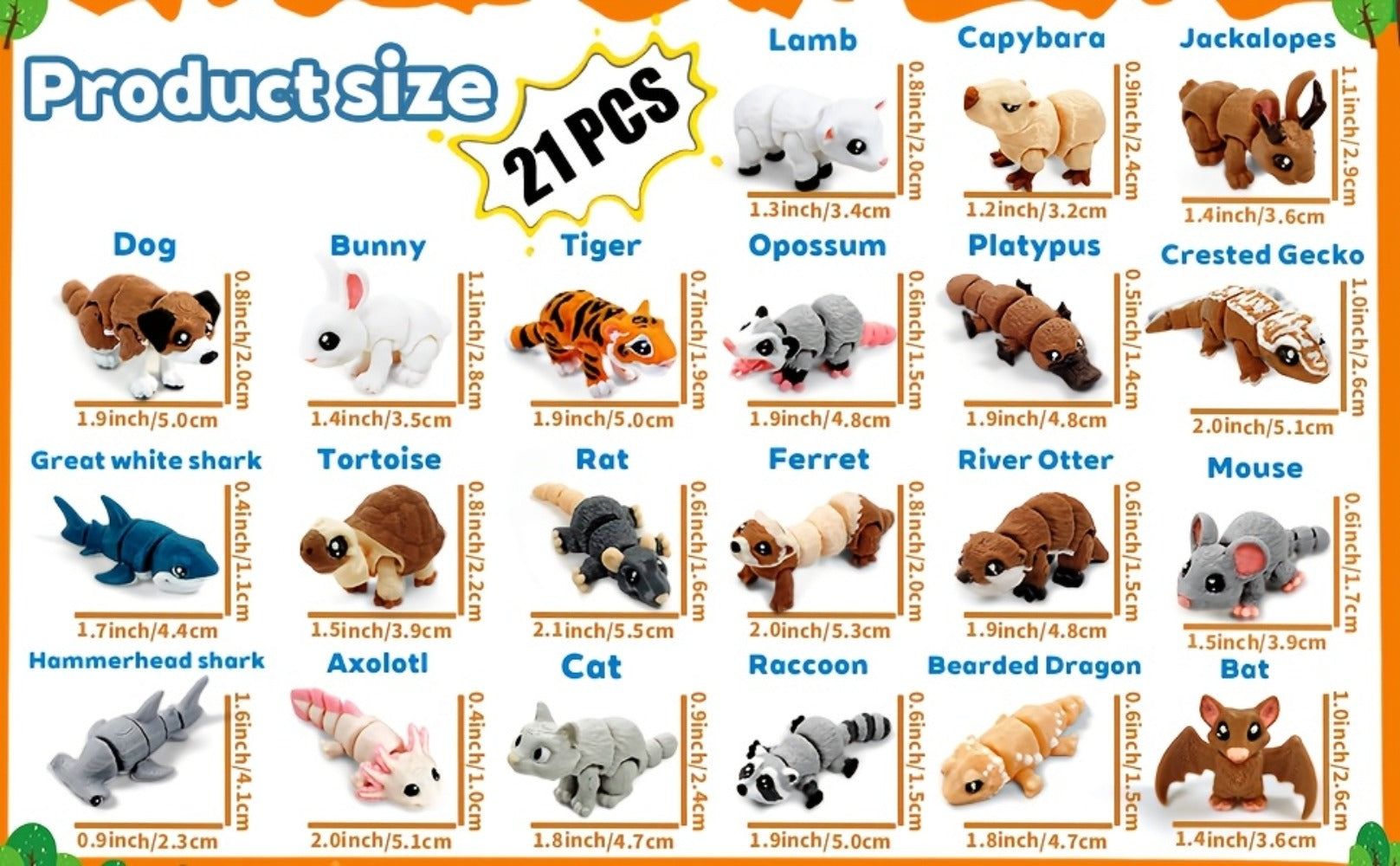 3D Printed Animal Figurines Set 21pcs, Mini Movable Joints Realistic Collectible Animal Statues for Adults, Home Office Desk Decoration Display & Gift