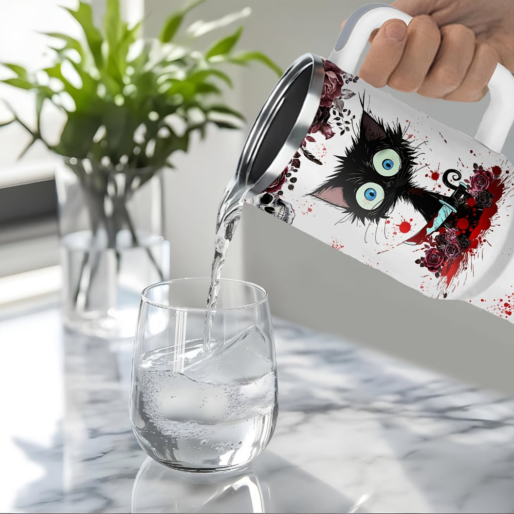 Halloween Horror Cat 40oz Insulated Tumbler with Lid and Straw ¨C Stainless Steel Large Capacity Coffee Cup with Handle | Spooky Cat Mug for Halloween Gifts Office Home