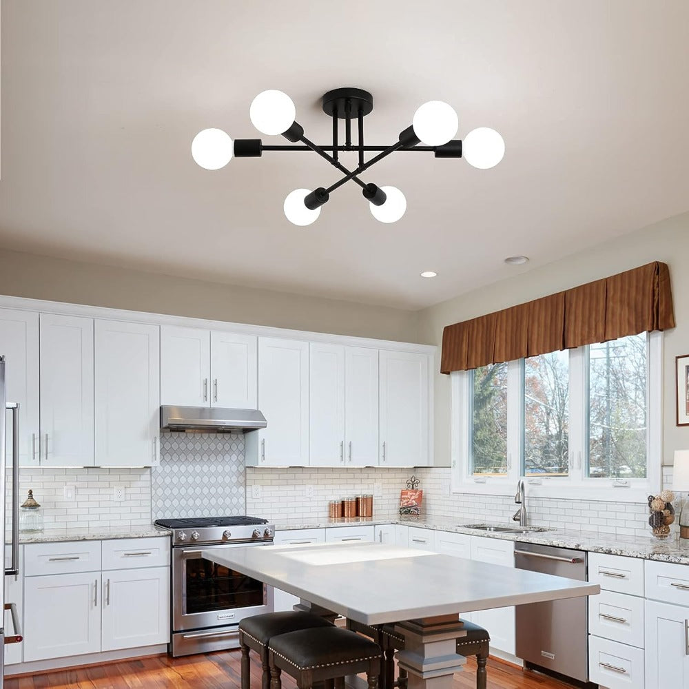 Sputnik Chandelier 6-Light Black Industrial Ceiling Light Fixture Semi Flush Mount for Bedroom Dining Room Living Room Kitchen