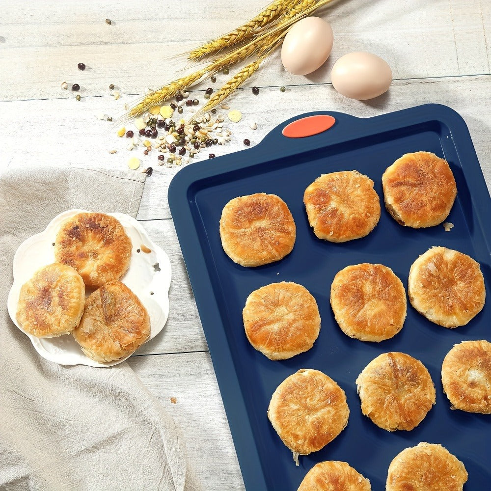 Silicone Baking Pans Set 4-Piece ¨C Nonstick Bakeware with Metal Reinforced Frame, Includes Baking Sheet, Cookie Sheet & Cake Pan with Grips, Oven Safe, Easy Release ¨C Navy Blue & Light Gray