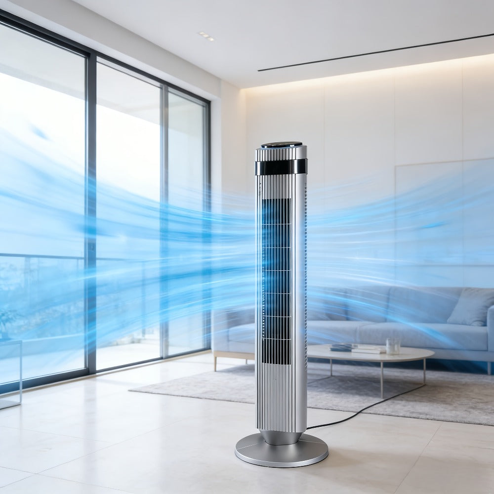 Bladeless Tower Fan with Remote Control, Silent Floor Fan with LED Display 4 Speed Settings & 12-Hour Timer, Quiet Tower Fan for Living Room Bedroom Office, Modern Air Circulator Fan Black White Grey