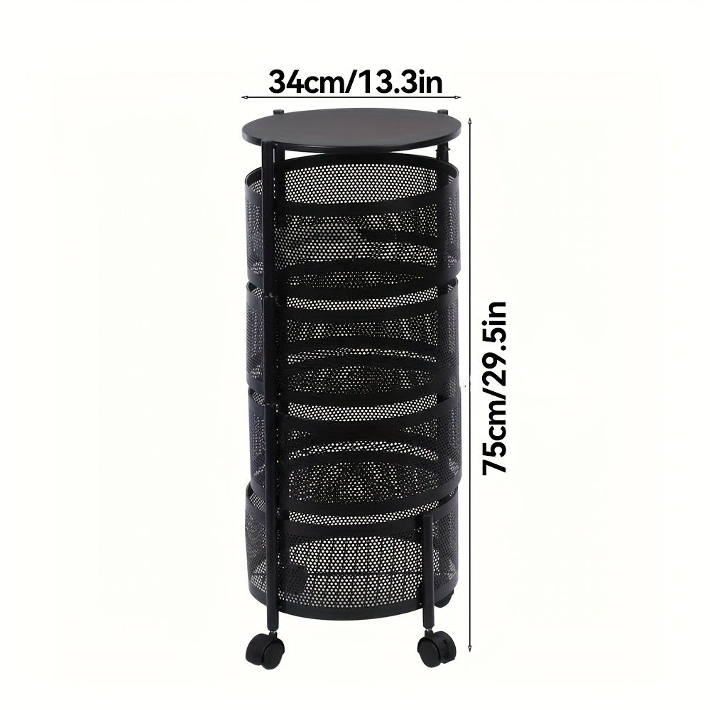 Rotating Storage Rack Multi-Tier Rolling Cart ¨C 360¡ã Swivel Round Floor Standing Organizer with 4 or 5 Layers, Vegetable Basket & File Rack for Kitchen, Bathroom, Office & Living Room (Black / White)
